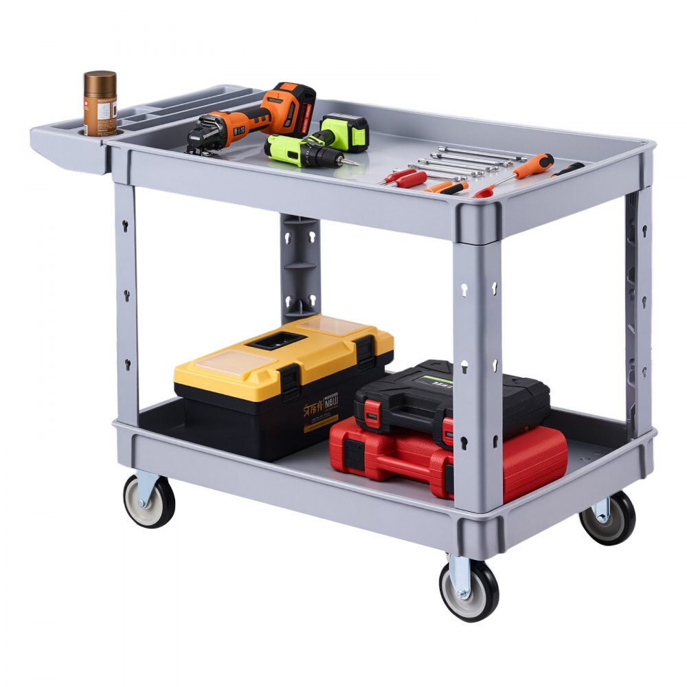 VEVOR Utility Cart, 550 lbs Capacity, 2 Tier Service Cart with 360° Swivel & Fixed Wheels (2 with Brakes), Heavy Duty Plastic Rolling with Storage Tray, Tool Storage for Garage Warehouse Workshop Gray
