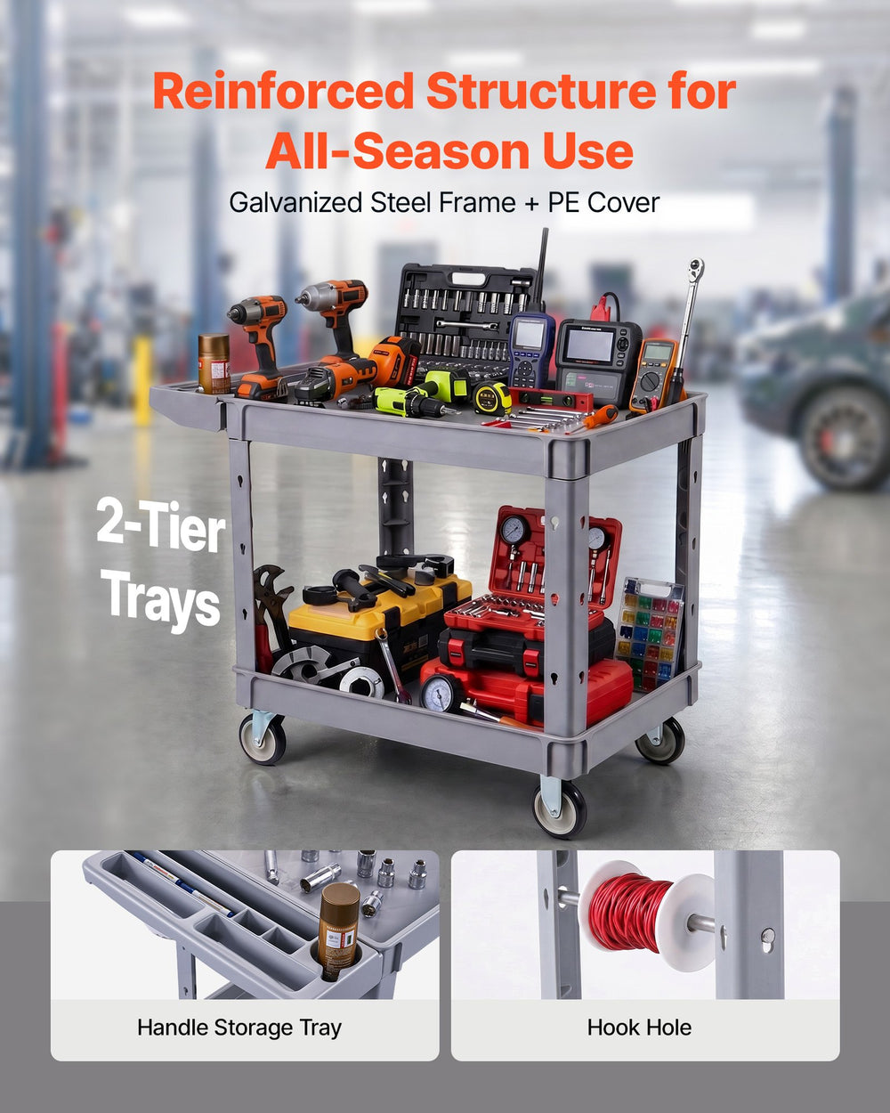 VEVOR Utility Cart, 550 lbs Capacity, 2 Tier Service Cart with 360° Swivel & Fixed Wheels (2 with Brakes), Heavy Duty Plastic Rolling with Storage Tray, Tool Storage for Garage Warehouse Workshop Gray