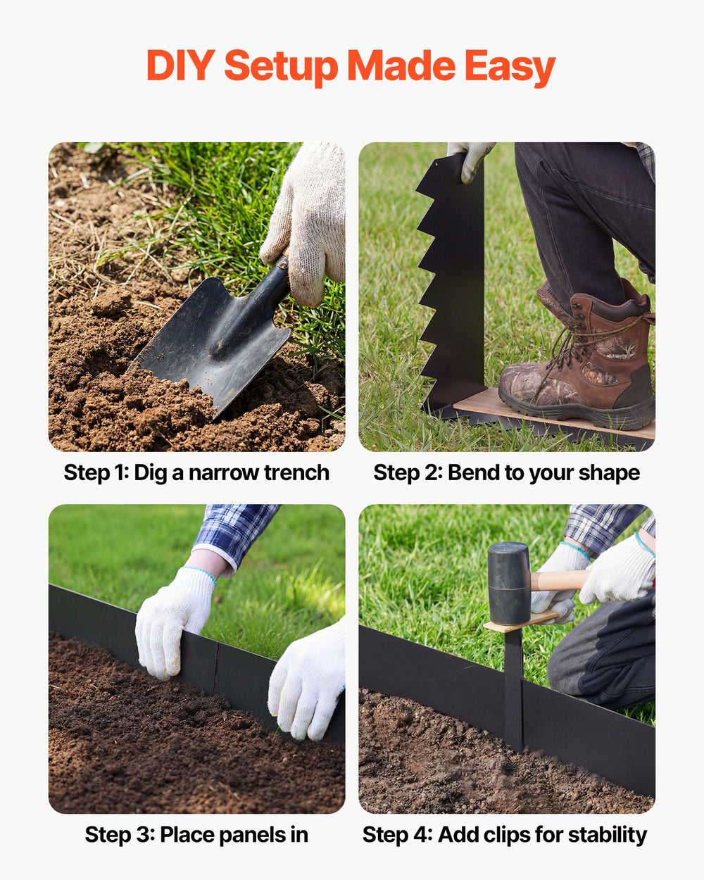 VEVOR Galvanized Steel Landscape Edging, 24-Pack 40 x 8 Inch Metal Edging for Landscaping with 26 Mounting Clips, Heavy Duty Metal Garden Edge Border for Flower Bed, Yard Pathway, Black