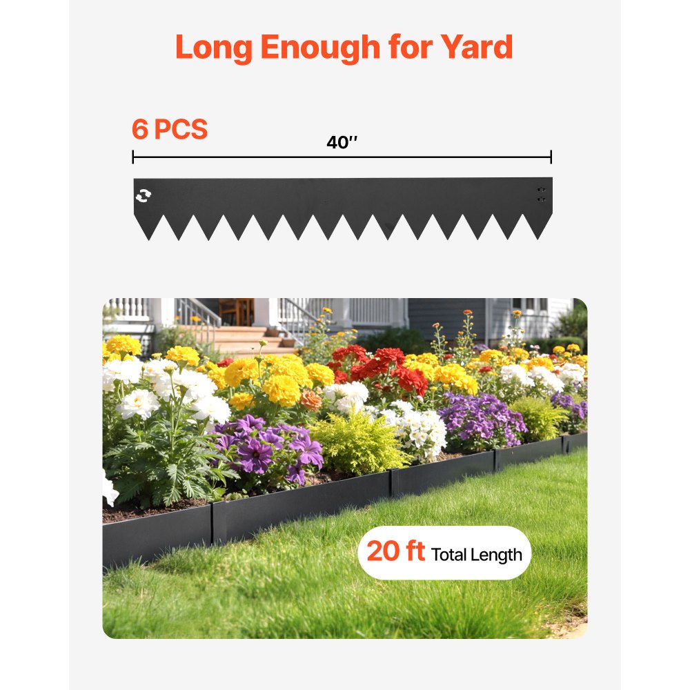 VEVOR Galvanized Steel Landscape Edging, 6-Pack 40 x 6 Inch Metal Edging for Landscaping with 6 Mounting Clips, Bendable Metal Garden Edge Border for Flower Bed, Yard Pathway, Black