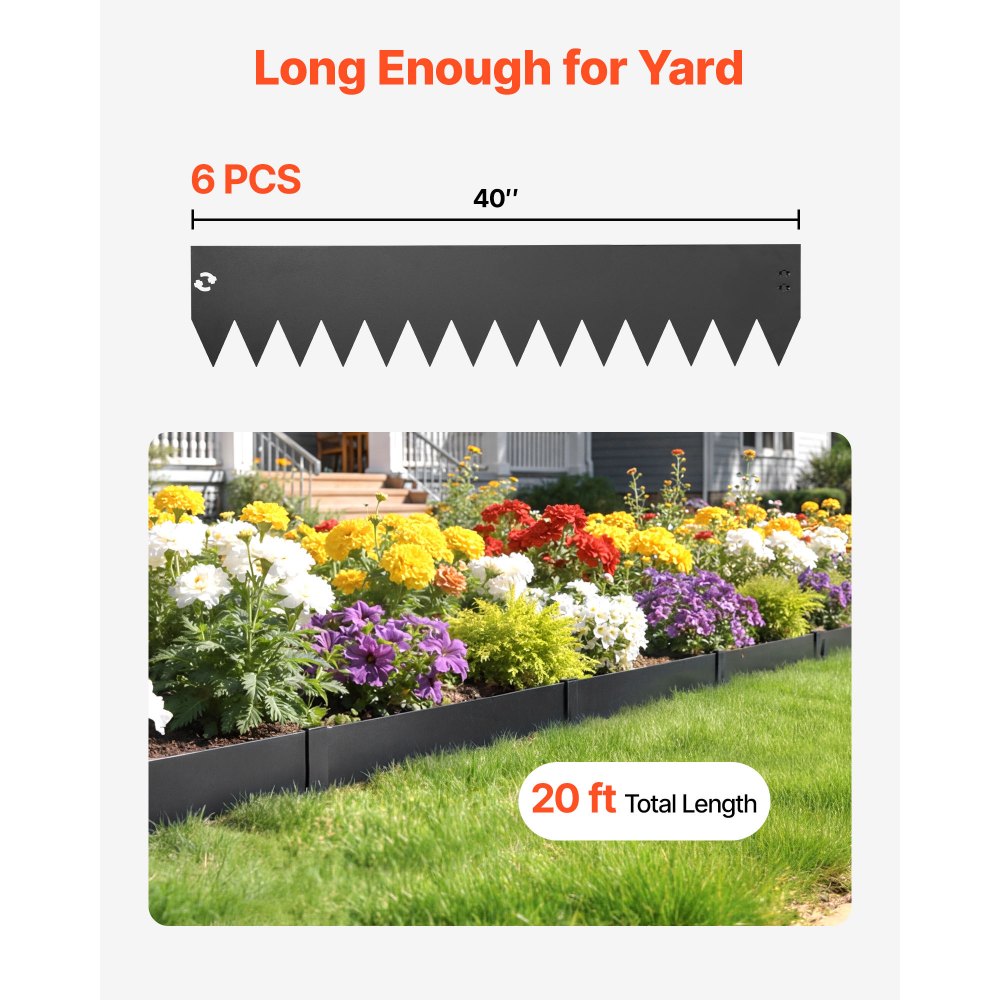 VEVOR Galvanized Steel Landscape Edging, 6-Pack 40 x 8 Inch Metal Edging for Landscaping with 6 Mounting Clips, Bendable Metal Garden Edge Border for Flower Bed, Yard Pathway, Black