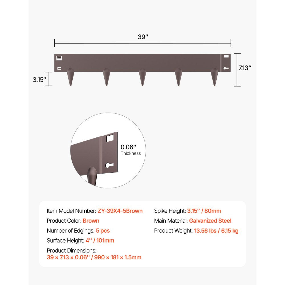 VEVOR Steel Landscape Edging, 5 Packs 39 x 4 in Rust-Resistant Metal Landscape Edging, Bendable Garden Edging Border, Heavy Duty Lawn Edging, Easy-to-Install, Flower Bed Yard Pathway Divider Brown
