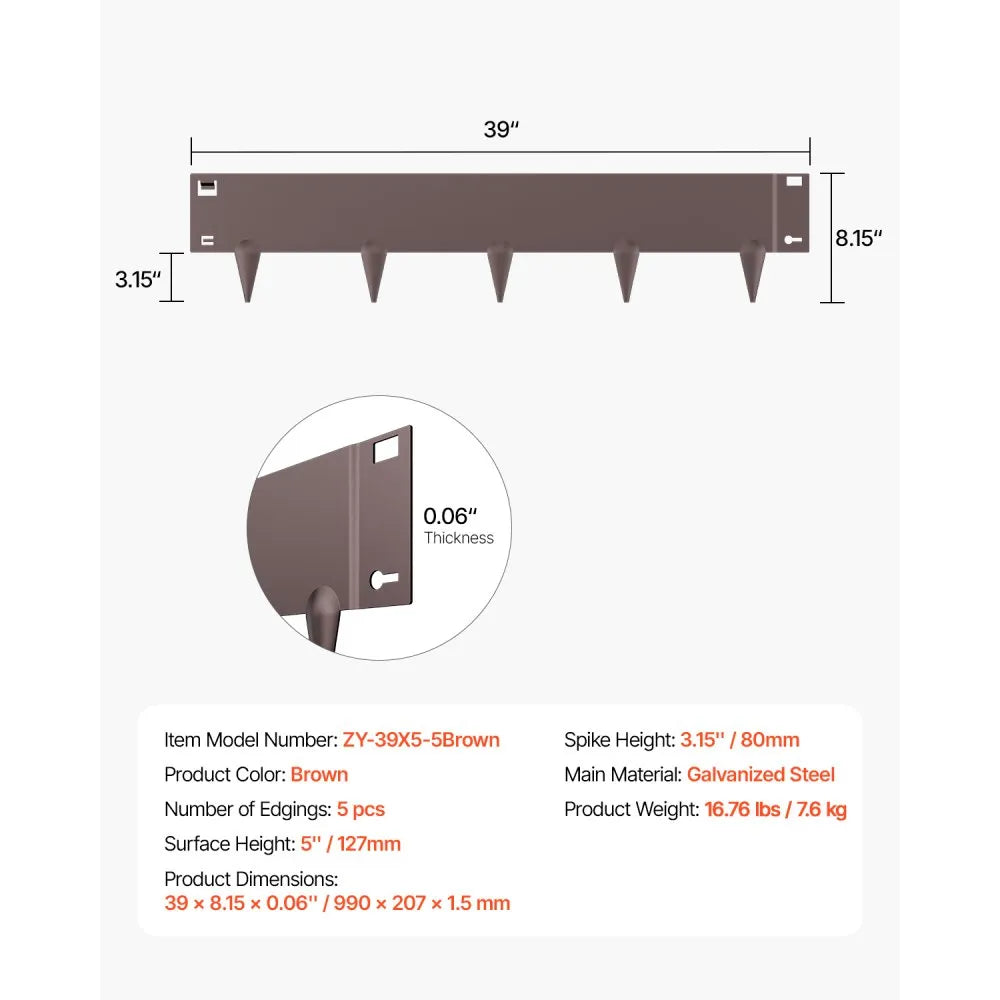 VEVOR Steel Landscape Edging, 5 Packs 39 x 5 in Rust-Resistant Metal Landscape Edging, Bendable Garden Edging Border, Heavy Duty Lawn Edging, Easy-to-Install, Flower Bed Yard Pathway Divider Brown