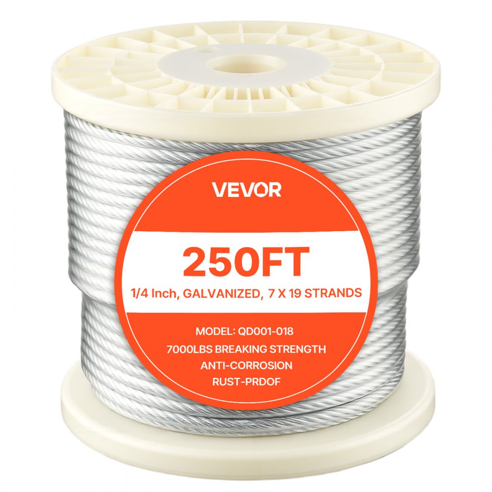 VEVOR 1/4 Inch Wire Rope, 250 ft Length, Zinc Galvanized Carbon Steel Cable with Gloves, 7000 lbs Breaking Strength, 7 x 19 Strands Construction, Wire Cable for Deck Railing System, Garden Trellis