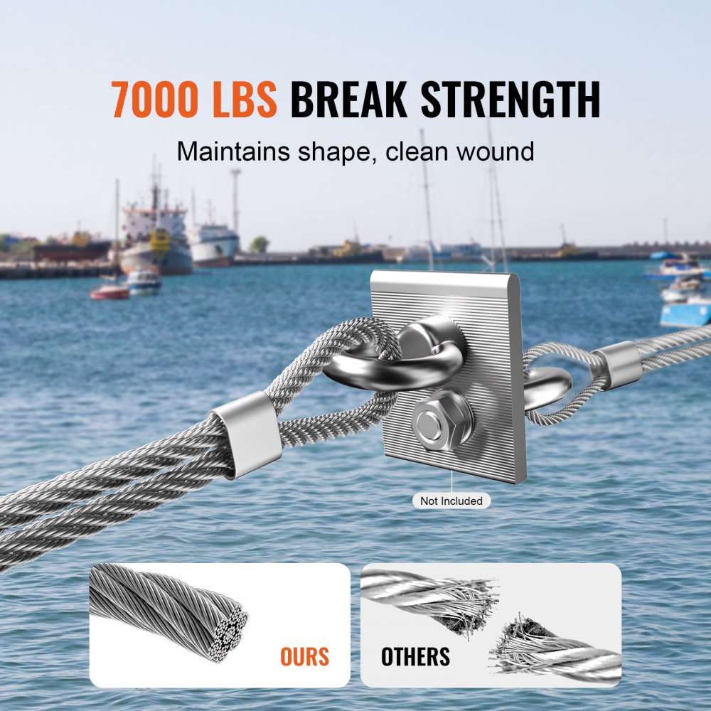 VEVOR Wire Rope, 1/4" 250 ft Zinc Galvanized Carbon Steel Cable with Gloves, 7000 lbs Breaking Strength, 7 x 19 Strands Construction Marine Aircraft Grade for Handrail Stair Decking Fence Outdoors
