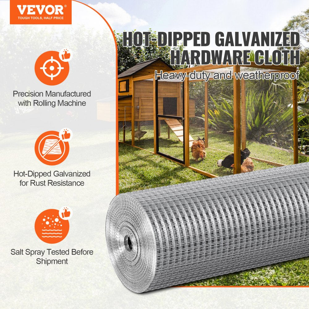 VEVOR Hardware Cloth 1/2 inch 24 inch x 50 ft 19 Gauge Chicken Wire Fence, Hot-Dip Galvanized After Welding Metal Wire Mesh Roll, Garden Plant Welded Fencing Roll Supports Poultry Netting Cage Fence