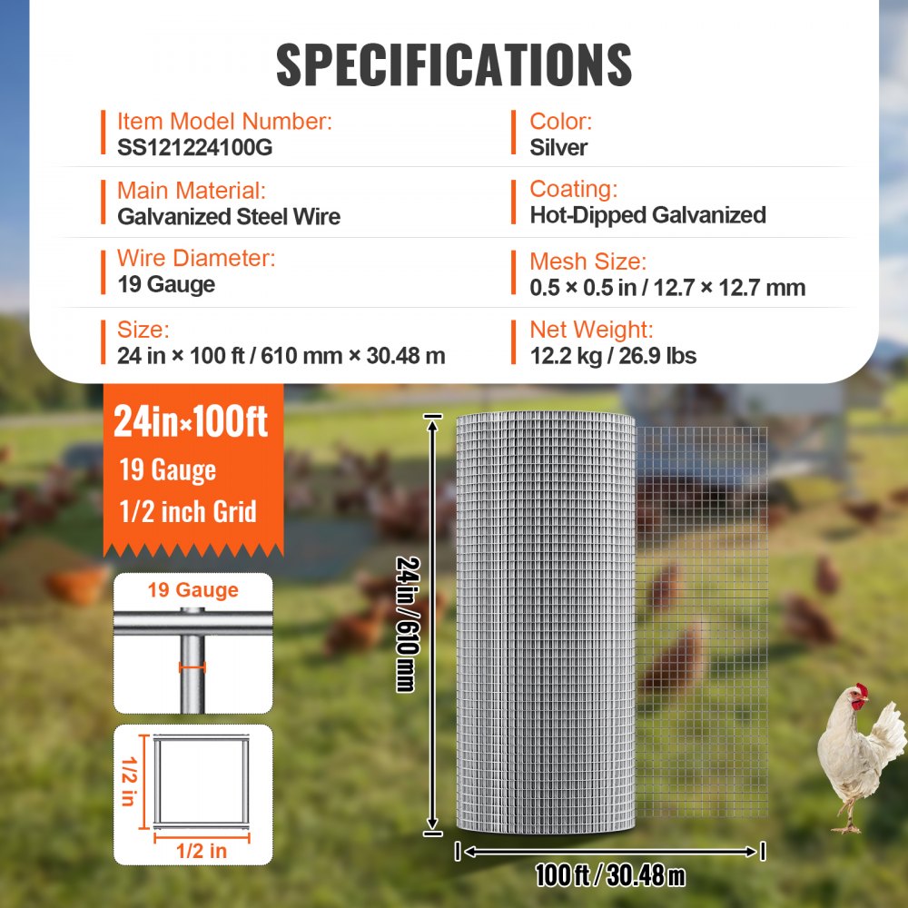 VEVOR Hardware Cloth 1/2 inch 24 inch x 100 ft 19 Gauge Chicken Wire Fence, Hot-Dip Galvanized After Welding Metal Wire Mesh Roll, Garden Plant Welded Fencing Roll Supports Poultry Netting Cage Fence