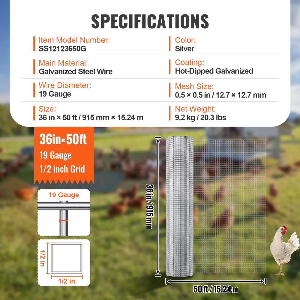 VEVOR Hardware Cloth 1/2 inch 36 inch x 50 ft 19 Gauge Chicken Wire Fence, Hot-Dip Galvanized After Welding Metal Wire Mesh Roll, Garden Plant Welded Fencing Roll Supports Poultry Netting Cage Fence