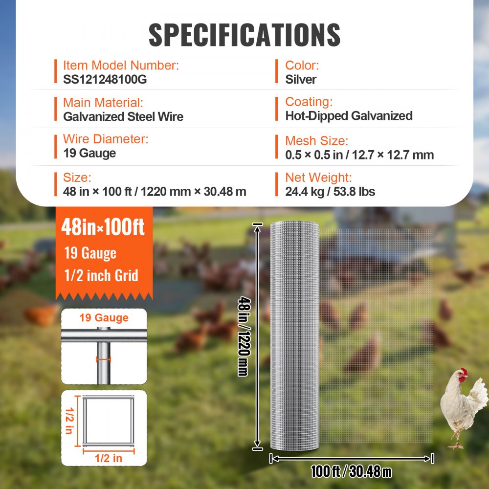 VEVOR Hardware Cloth 1/2 inch 48 inch x 100 ft 19 Gauge Chicken Wire Fence, Hot-Dip Galvanized After Welding Metal Wire Mesh Roll, Garden Plant Welded Fencing Roll Supports Poultry Netting Cage Fence