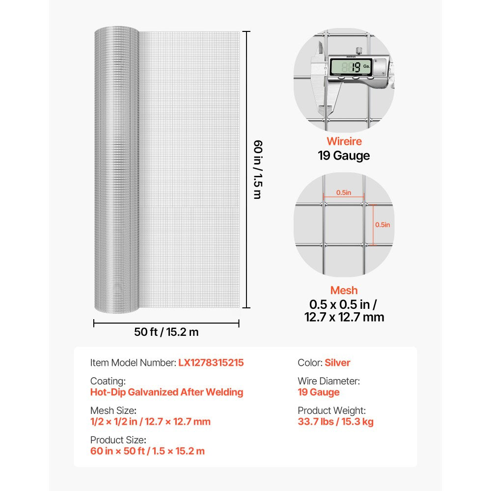 VEVOR Hardware Cloth, 1/2 inch 60 inch x 50 ft 19 Gauge Chicken Wire Fence, Hot-Dip Galvanized After Welding Metal Wire Mesh Roll, Garden Plant Welded Fencing Roll Supports Poultry Netting Cage Fence