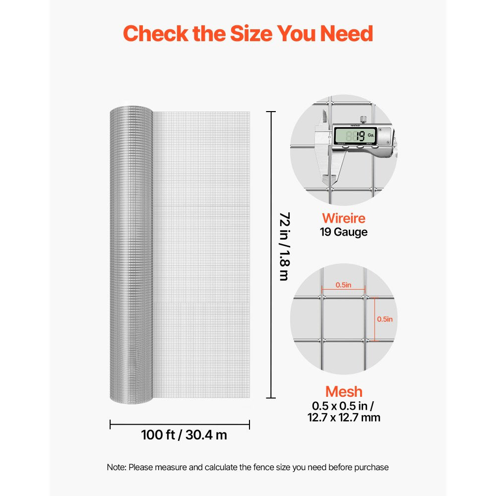 VEVOR Hardware Cloth, 1/2 inch 72 inch x 100 ft 19 Gauge Chicken Wire Fence, Hot-Dip Galvanized After Welding Metal Wire Mesh Roll, Garden Plant Welded Fencing Roll Supports Poultry Netting Cage Fence