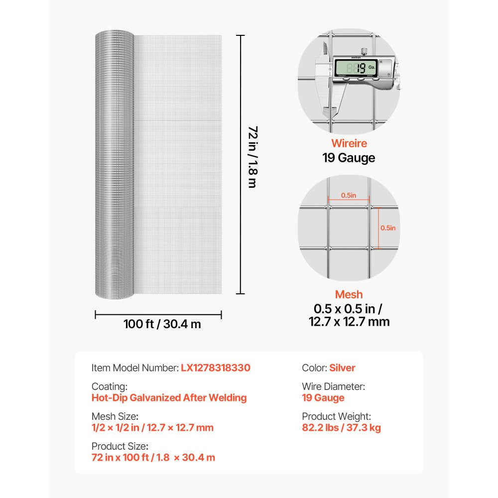 VEVOR Hardware Cloth, 1/2 inch 72 inch x 100 ft 19 Gauge Chicken Wire Fence, Hot-Dip Galvanized After Welding Metal Wire Mesh Roll, Garden Plant Welded Fencing Roll Supports Poultry Netting Cage Fence