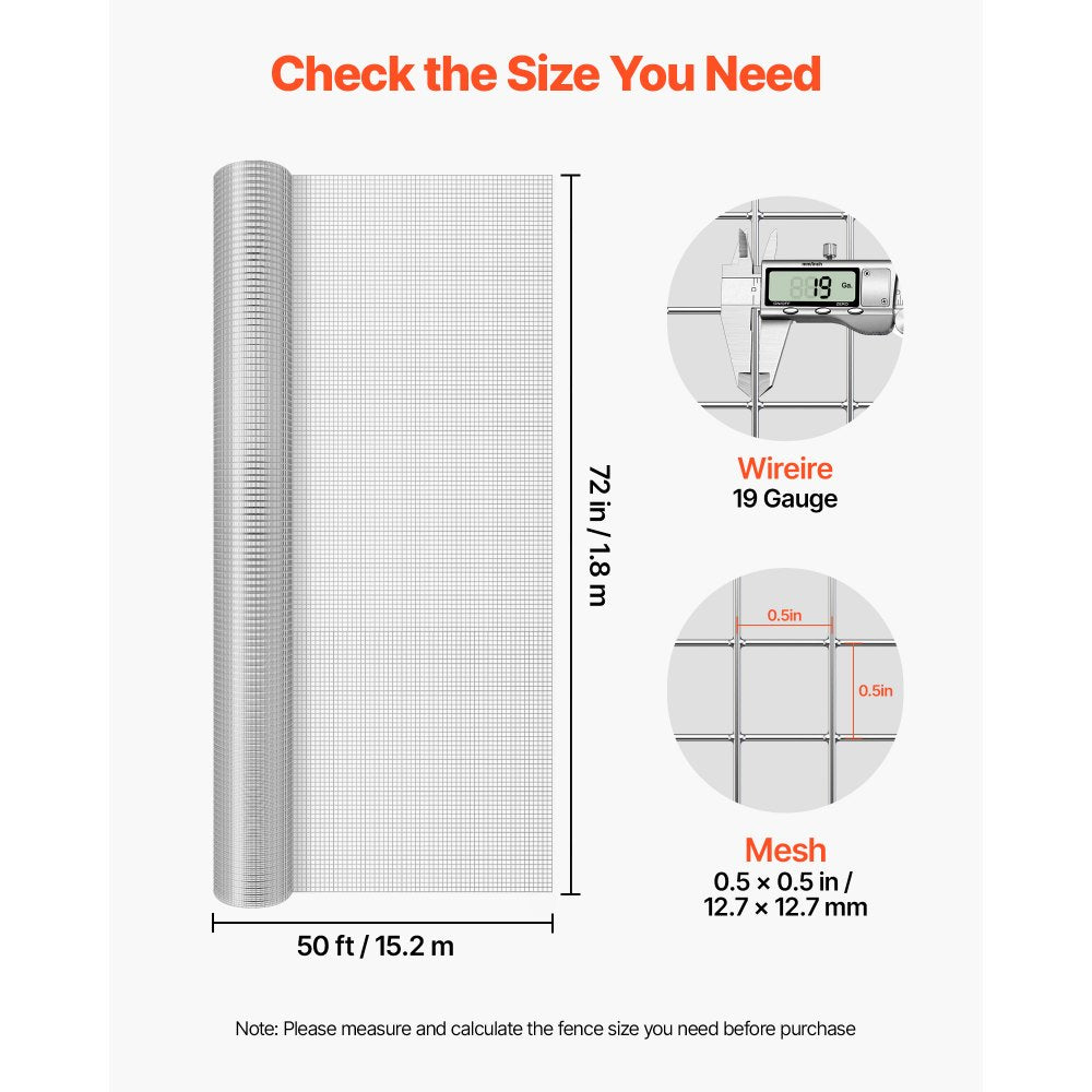 VEVOR Hardware Cloth, 1/2 inch 72 inch x 50 ft 19 Gauge Chicken Wire Fence, Hot-Dip Galvanized After Welding Metal Wire Mesh Roll, Garden Plant Welded Fencing Roll Supports Poultry Netting Cage Fence