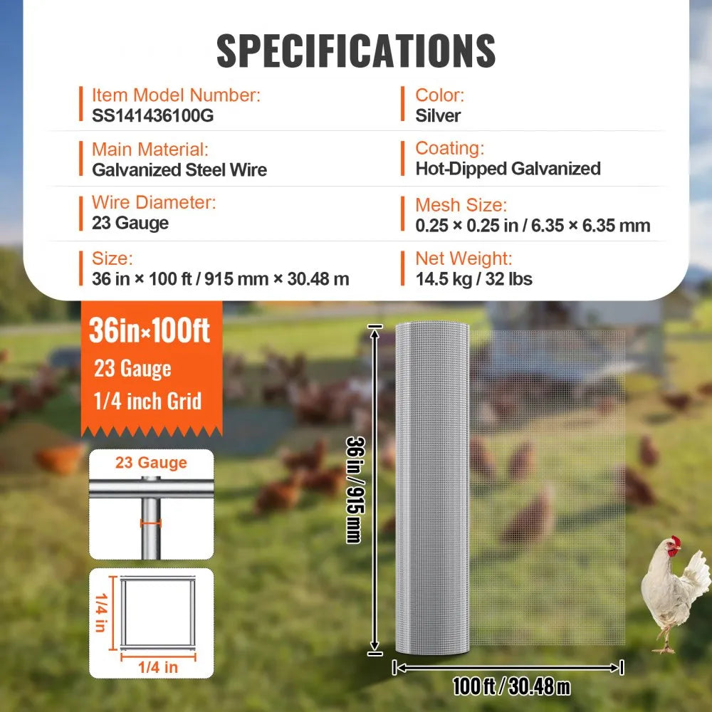 VEVOR Hardware Cloth 1/4 inch 36 inch x 100 ft 23 Gauge Chicken Wire Fence, Hot-Dip Galvanized After Welding Metal Wire Mesh Roll, Garden Plant Welded Fencing Roll Supports Poultry Netting Cage Fence