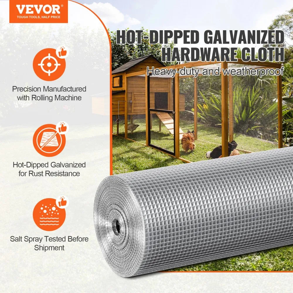 VEVOR Hardware Cloth 1/4 inch 48 inch x 100 ft 23 Gauge Chicken Wire Fence, Hot-Dip Galvanized After Welding Metal Wire Mesh Roll, Garden Plant Welded Fencing Roll Supports Poultry Netting Cage Fence