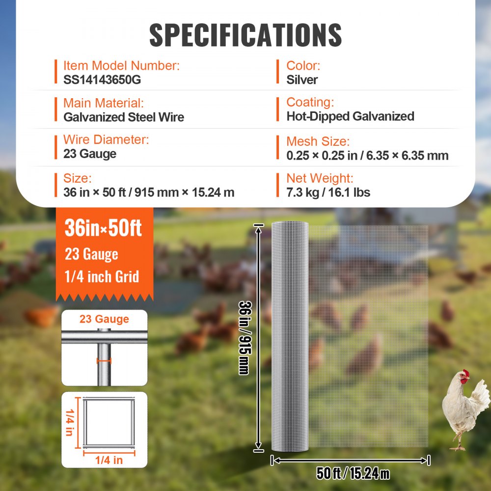 VEVOR Hardware Cloth, 1/4 inch 36in x 50 ft 23 Gauge, Hot Dipped Galvanized Wire Mesh Roll, Chicken Wire Fencing, Wire Mesh for Rabbit Cages, Garden, Small Rodents