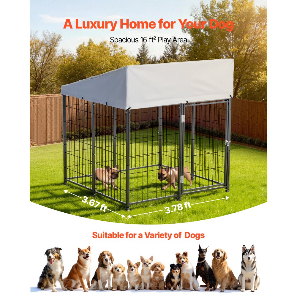 VEVOR Outdoor Dog Kennel, 3.67 x 3.78 x 4.1 ft Large Dog Kennel with Secure Lock, Outside Dogs Enclosures with UV-Resistant & Waterproof Roof Cover, Heavy Duty Pet Crate Cage Run for Large Dogs