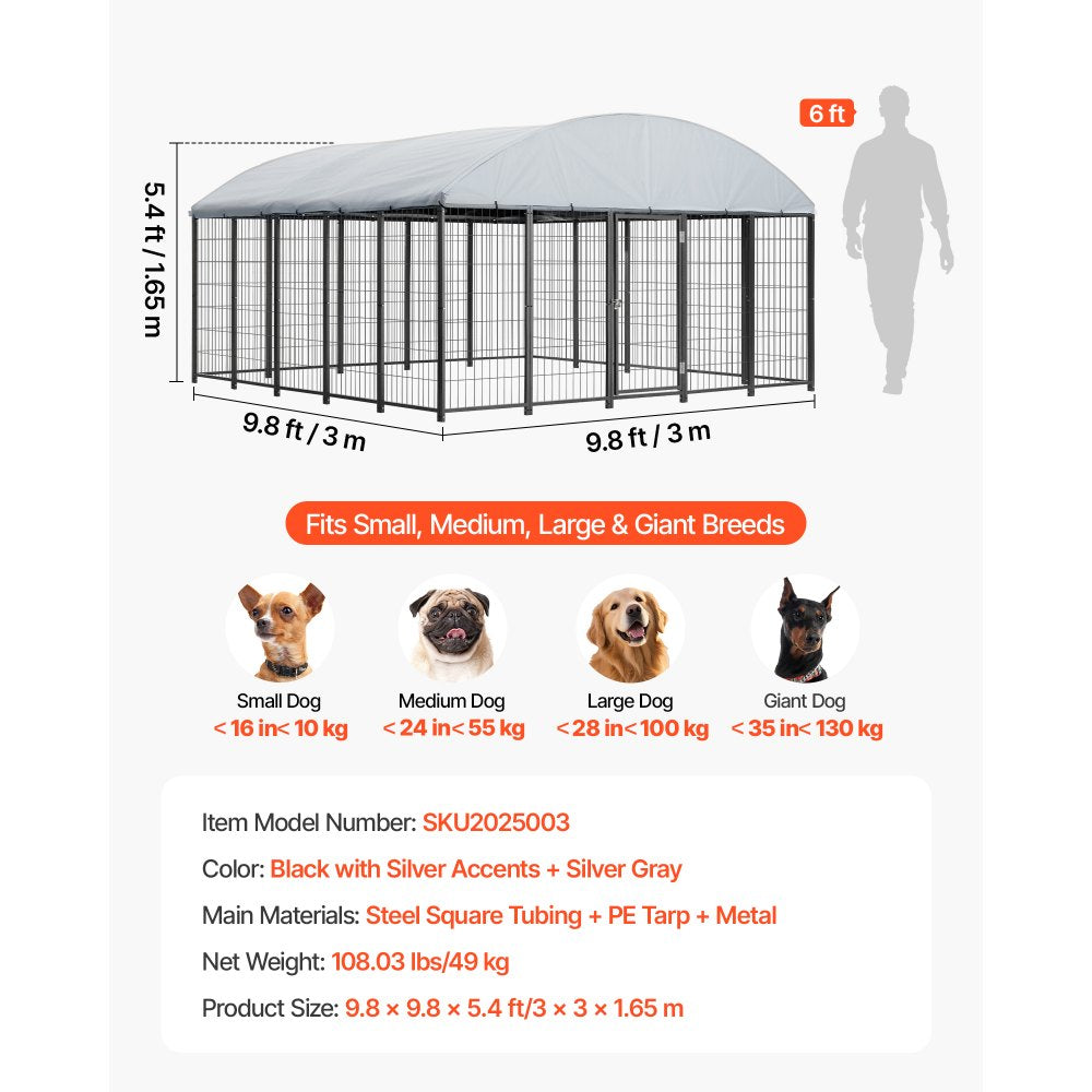 VEVOR Outdoor Dog Kennel, 9.8 x 9.8 x 5.4 ft Large Dog Kennel with Secure Lock, Outside Dogs Enclosures with UV-Resistant & Waterproof Roof Cover, Heavy Duty Pet Crate Cage Run for Large Dogs