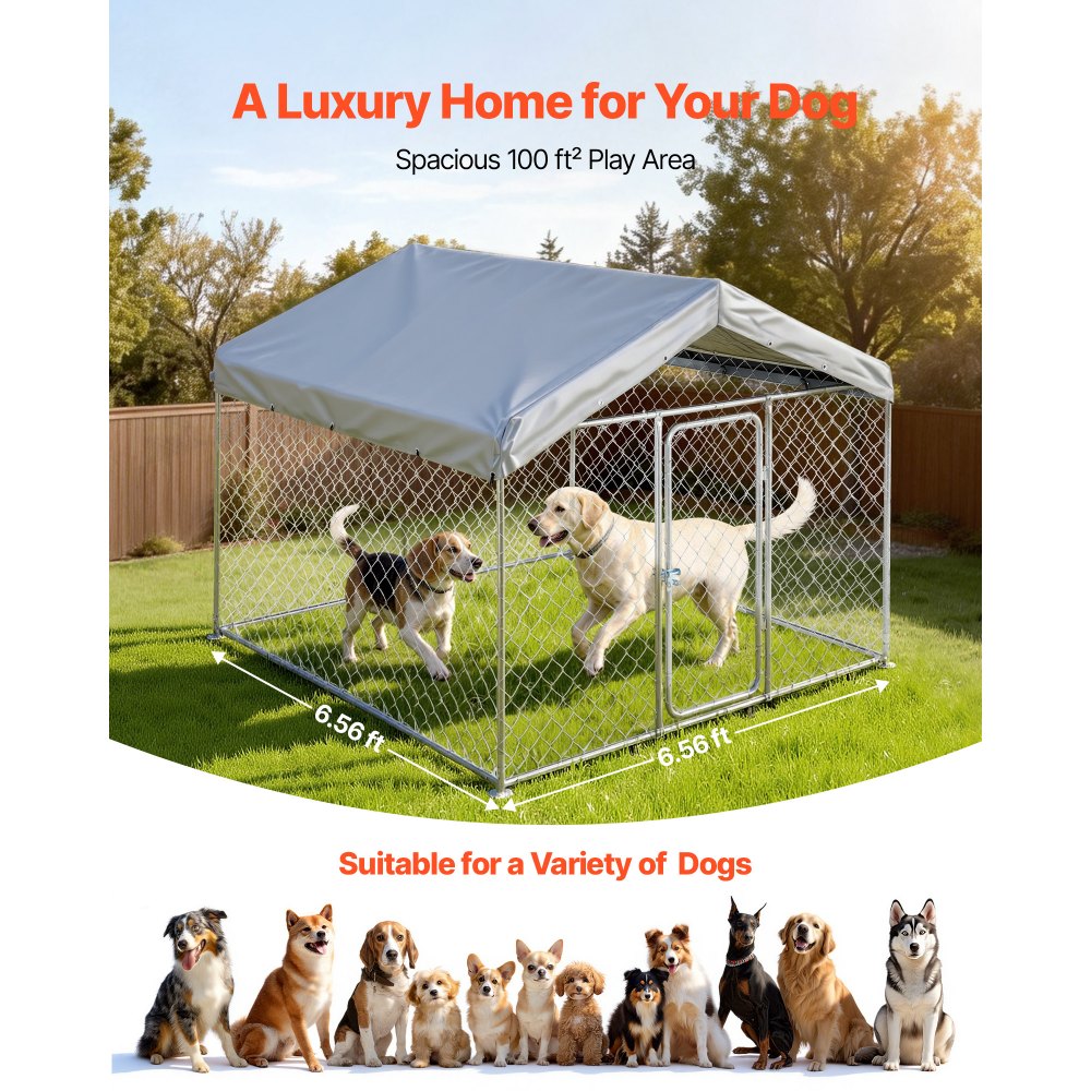 VEVOR Outdoor Dog Kennel, 6.56 x 6.56 x 5.25 ft Large Dog Kennel with Secure Lock, Outside Dogs Enclosures with UV-Resistant & Waterproof Roof Cover, Heavy Duty Pet Crate Cage Run for Large Dogs