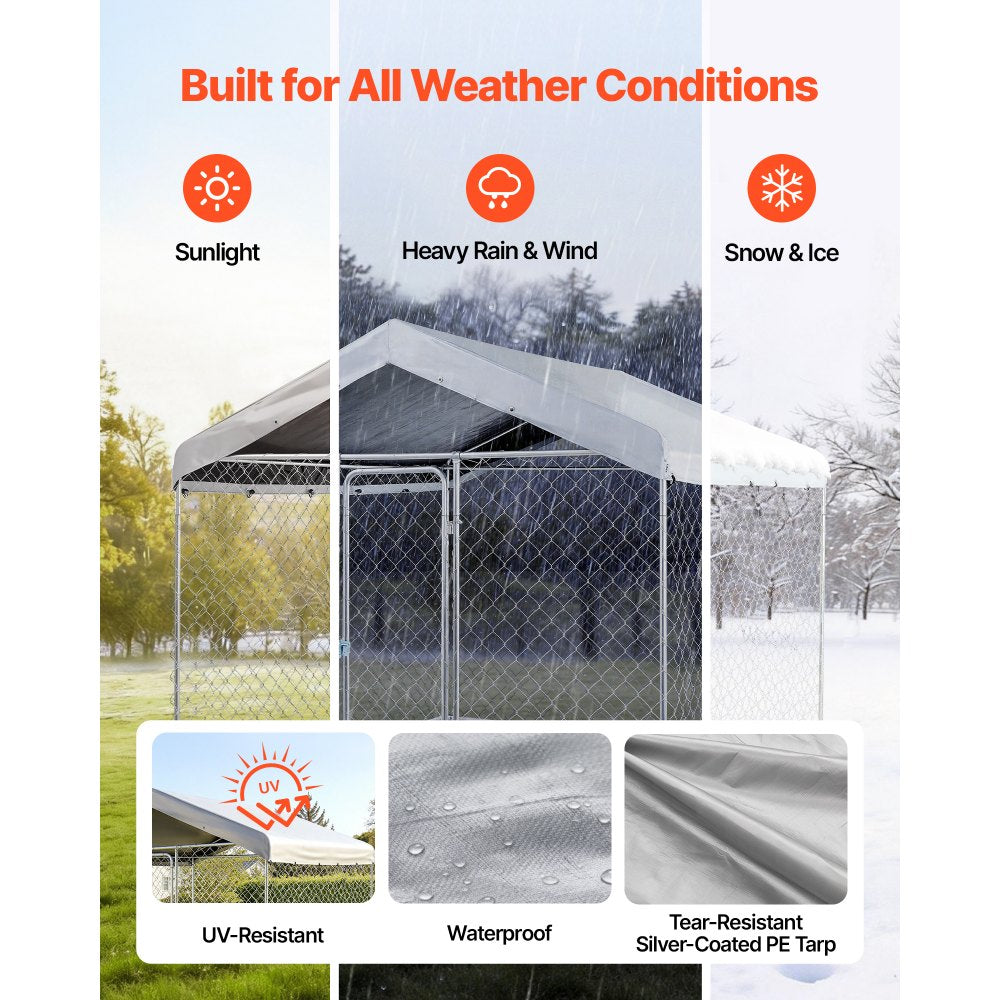 VEVOR Outdoor Dog Kennel, 7.55 x 7.55 x 7.05 ft Large Dog Kennel with Secure Lock, Outside Dogs Enclosures with UV-Resistant & Waterproof Roof Cover, Heavy Duty Pet Crate Cage Run for Large Dogs
