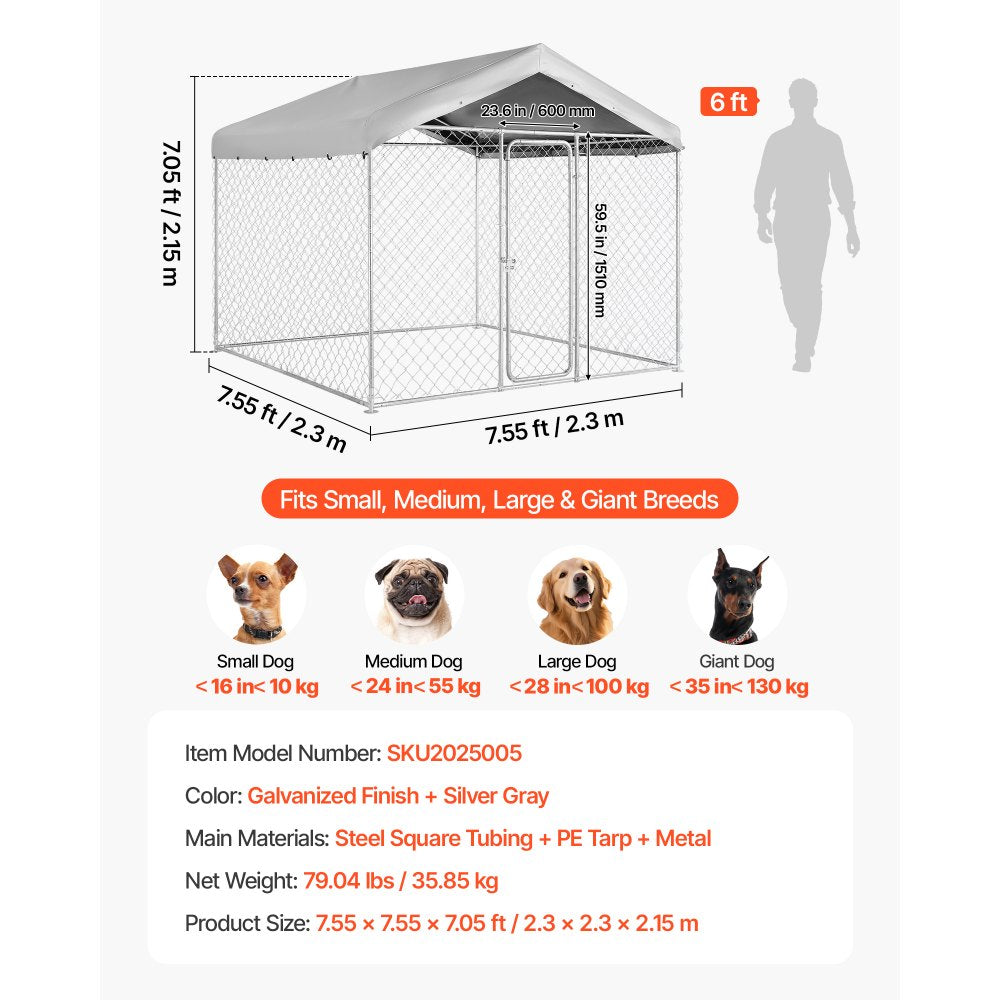 VEVOR Outdoor Dog Kennel, 7.55 x 7.55 x 7.05 ft Large Dog Kennel with Secure Lock, Outside Dogs Enclosures with UV-Resistant & Waterproof Roof Cover, Heavy Duty Pet Crate Cage Run for Large Dogs