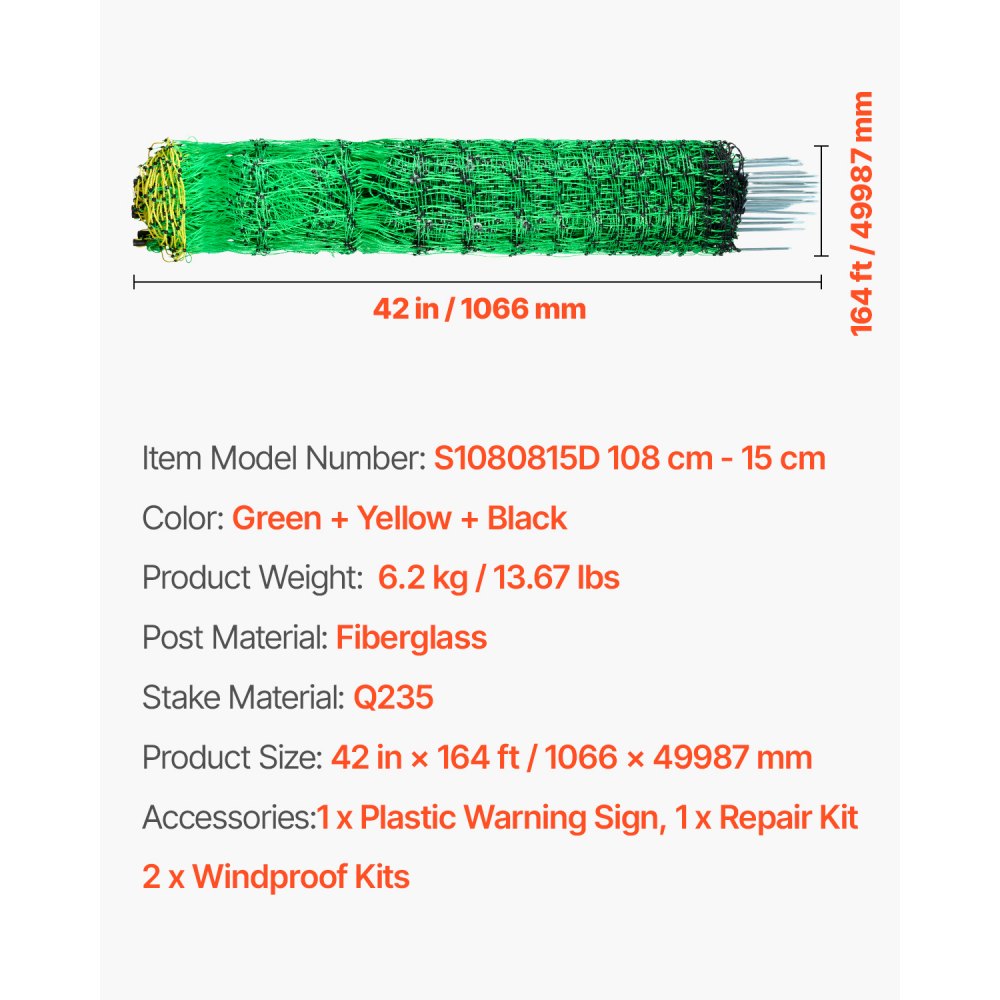 VEVOR Electric Fence Netting, 42 in (H) x 164 ft (L), PE Net Fencing with Posts & Double-Spiked Stakes, Utility Portable Electric Fence for Pigs, Cows, Sheep, Deer, Used in Backyards, Farms, Ranches
