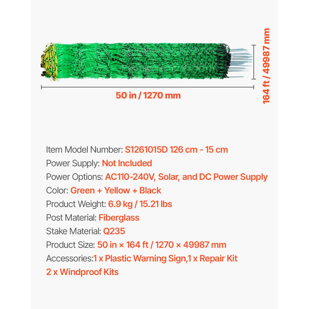 VEVOR Electric Fence Netting, 50" H x 164' L, Livestock Net Fencing with Posts & Stakes, Portable Mesh Nets for Goats, Sheep, Deer, Hogs, Dogs, Electric Fencing for Backyards, Gardens, Farms, Ranches