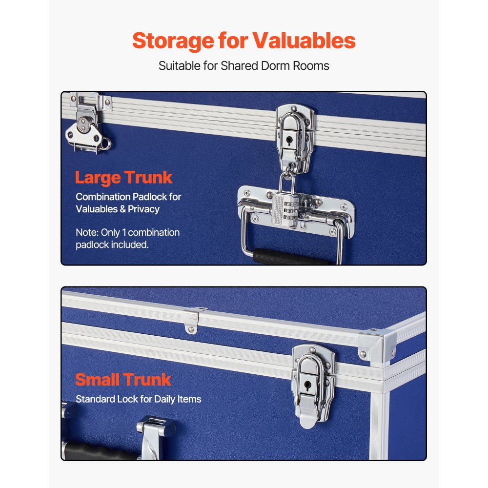 VEVOR Metal Storage Trunk, Set of 2, Wooden Suitcase Storage Boxes with Padlocks, Large Trunk Includes Casters & 3 Metal Handles, Decorative Store Chest with Lids for Travel, Apartment, Dorm, Blue