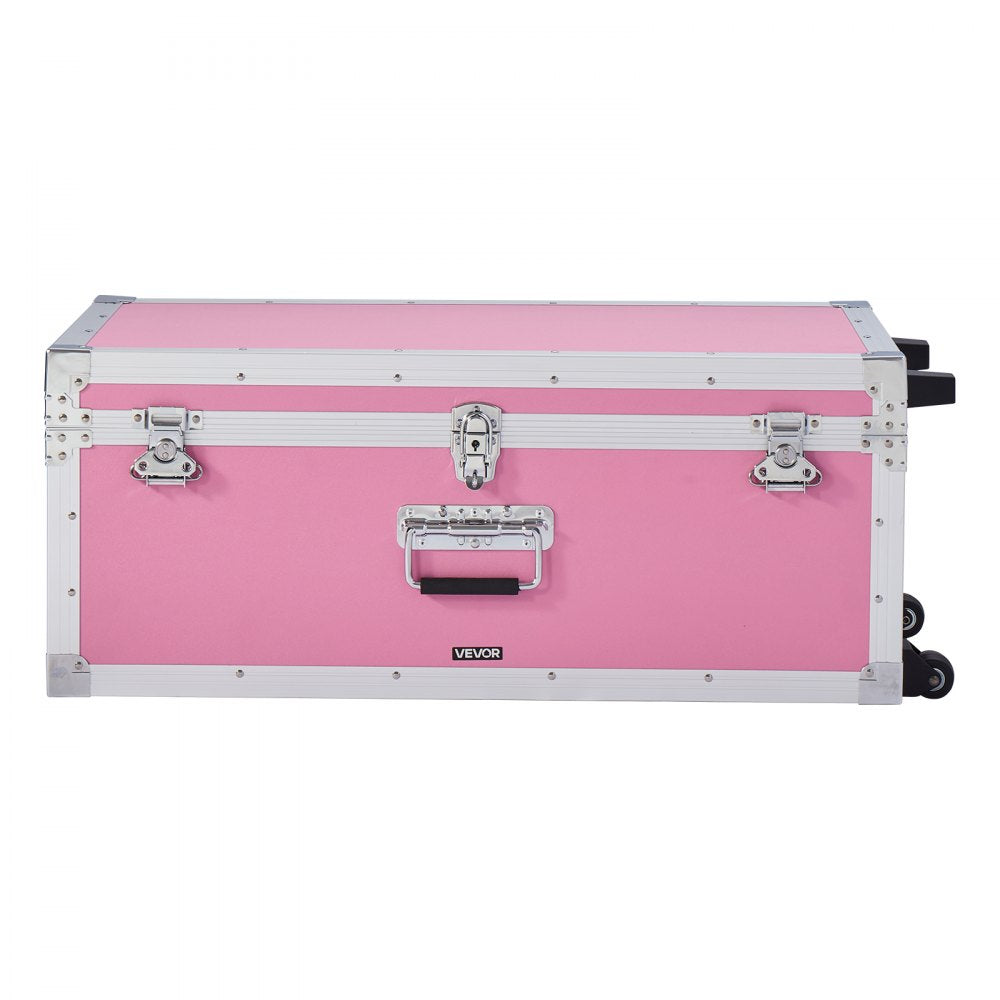 VEVOR Metal Storage Trunk, Set of 2, Wooden Suitcase Storage Boxes with Padlocks, Large Trunk Includes Casters and 3 Metal Handles, Decorative Store Chest with Lids for Travel, Apartment, Dorm, Pink