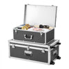 VEVOR Metal Storage Trunk, Set of 2, Wooden Suitcase Storage Boxes with Padlocks, Large Trunk Includes Casters and 3 Metal Handles, Decorative Store Chest with Lids for Travel, Apartment, Dorm, Gray