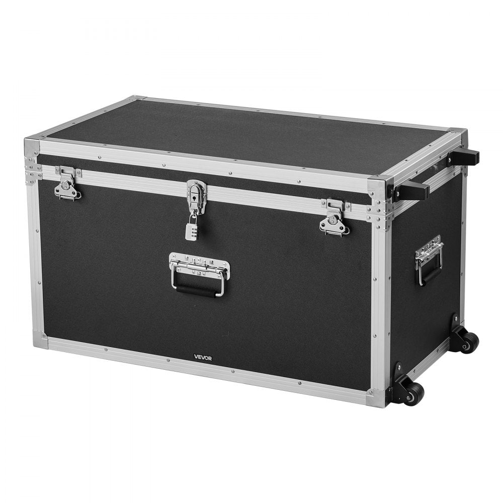 VEVOR Metal Storage Trunk, Set of 2, Wooden Suitcase Storage Boxes with Padlocks, Large Trunk Includes Casters & 3 Metal Handles, Decorative Store Chest with Lids for Travel, Apartment, Dorm, Black