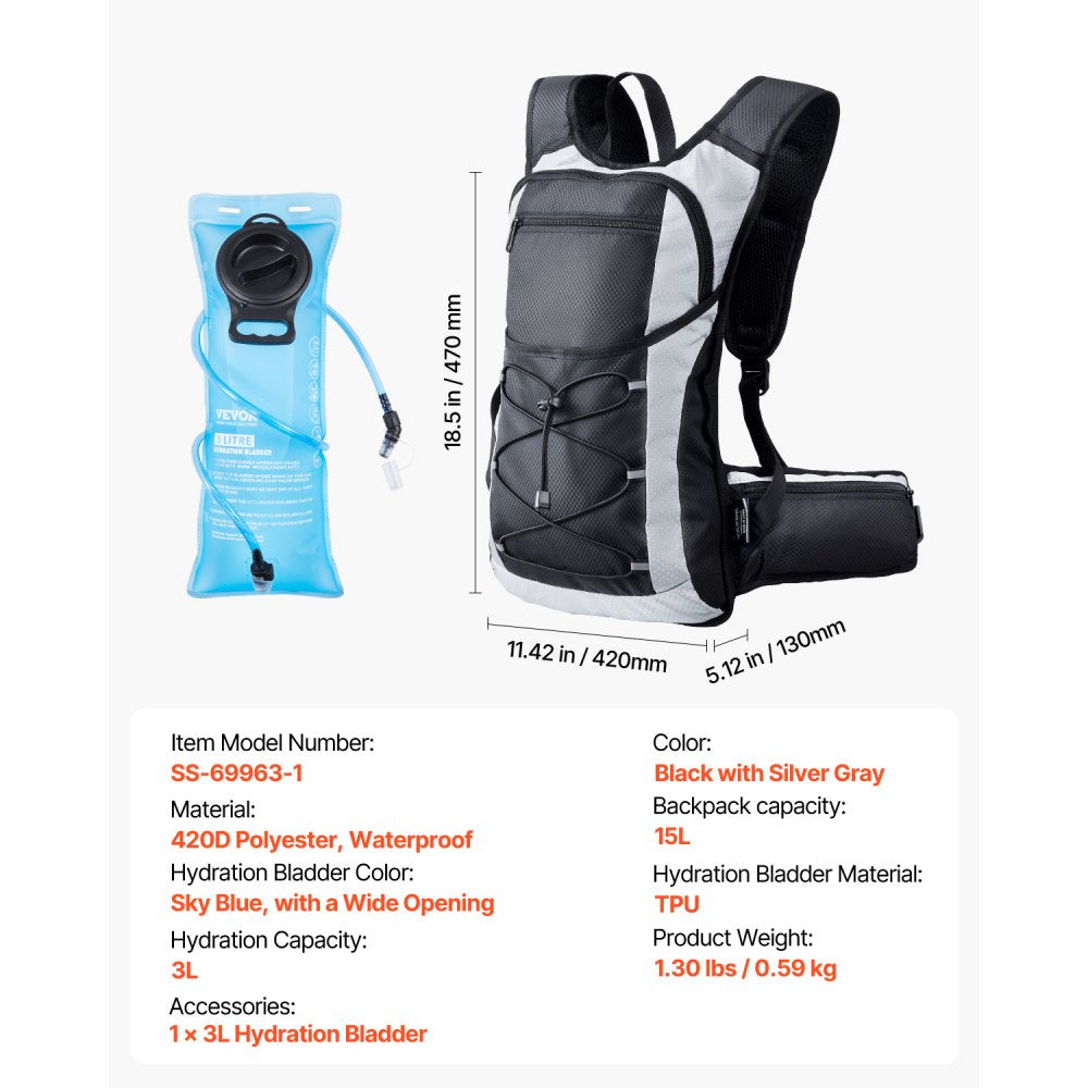 VEVOR Hydration Backpack, 15L Insulated Hydration Pack Backpack with 3L TPU Water Bladder, Hiking Water Backpack with Storage for Men Women, Hydro Water Daypack for Hiking Runnin Hiking Cycling Camping