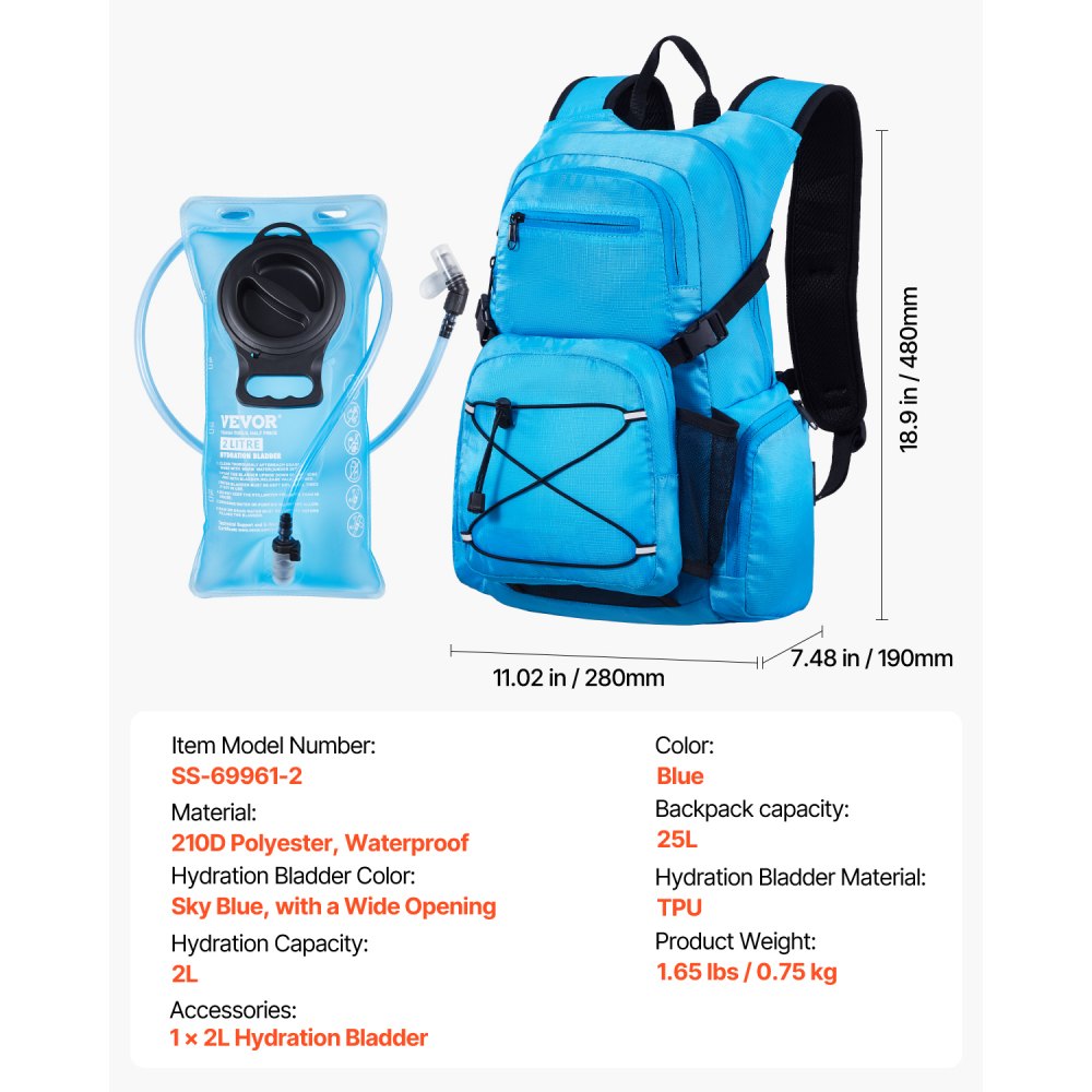VEVOR Hydration Backpack, 25L Insulated Hydration Pack Backpack with 2L TPU Water Bladder, Hiking Water Backpack with Storage for Men Women, Hydro Water Daypack for Hiking Running Cycling Camping