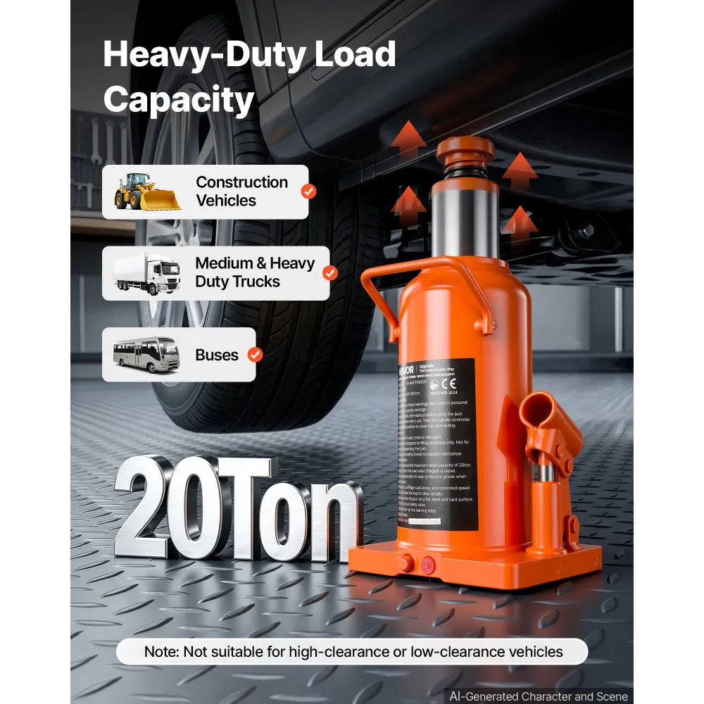 VEVOR Hydraulic Bottle Jack 20 Ton (44092.5 lbs) 9.65"-18.31" Lifting Range, for Construction Vehicle, Heavy-Duty Truck, Bus, Auto Repair and House Lift, Multi-Directional Welded Jack with Long Handle