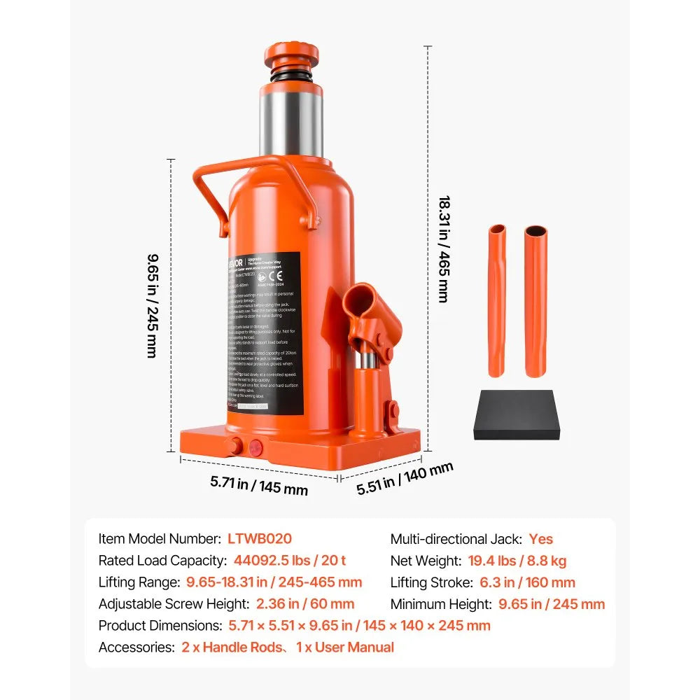 VEVOR Hydraulic Bottle Jack 20 Ton (44092.5 lbs) 9.65"-18.31" Lifting Range, for Construction Vehicle, Heavy-Duty Truck, Bus, Auto Repair and House Lift, Multi-Directional Welded Jack with Long Handle