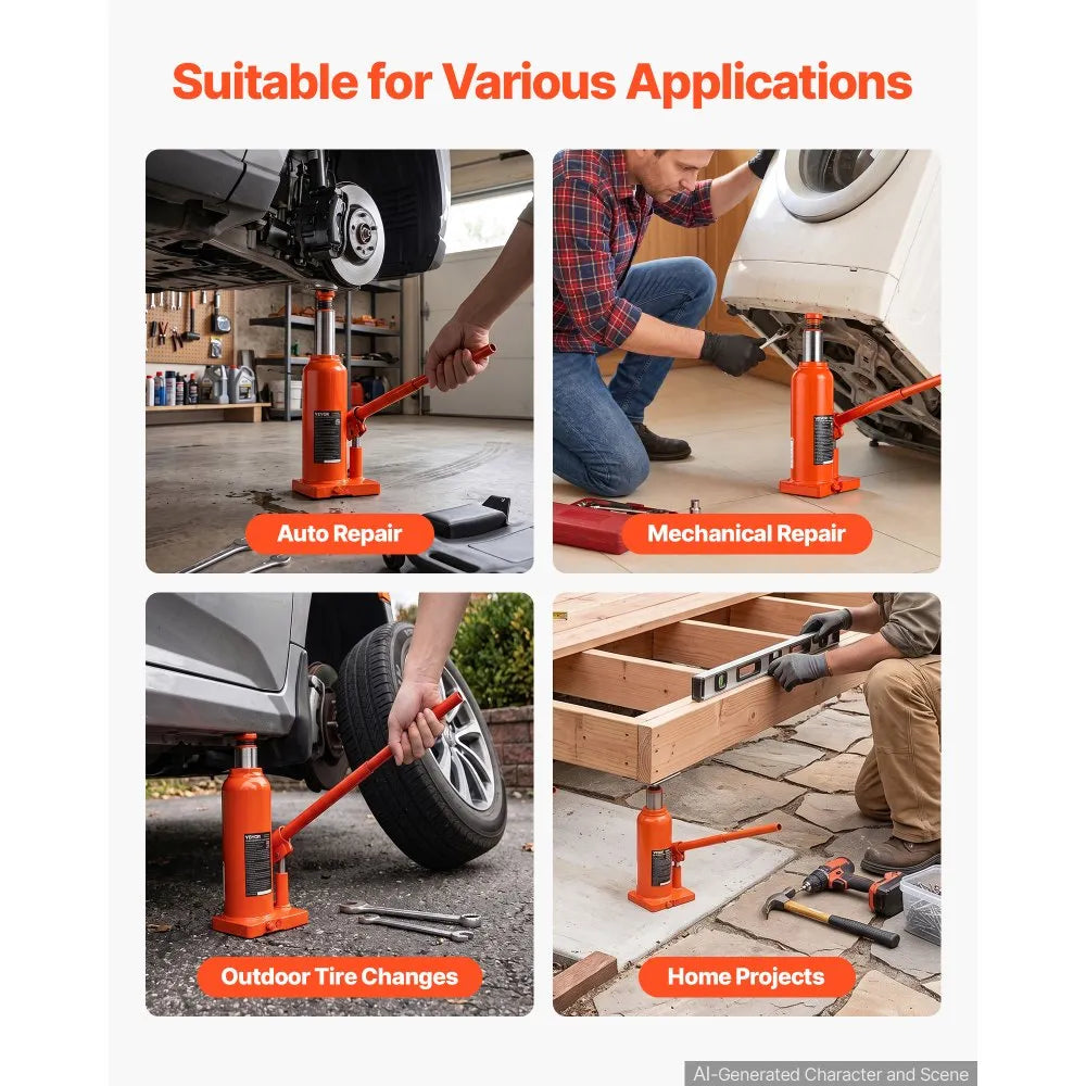 VEVOR Hydraulic Bottle Jack 4 Ton (8818.5 lbs) 7.64"-14.92" Lifting Range, for Midsize Sedan, Midsize SUV, Van, Auto Repair & House Lift, Multi-Directional Welded Jack with Carrying Case & Long Handle