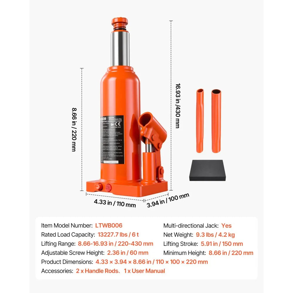 VEVOR Hydraulic Bottle Jack 6 Ton (13227.7 lbs) 8.66"-16.93" Lifting Range, for Full-Size SUV, Light-Duty Pickup, Commercial Van, Auto Repair House Lift, Multi-Directional Welded Jack with Long Handle
