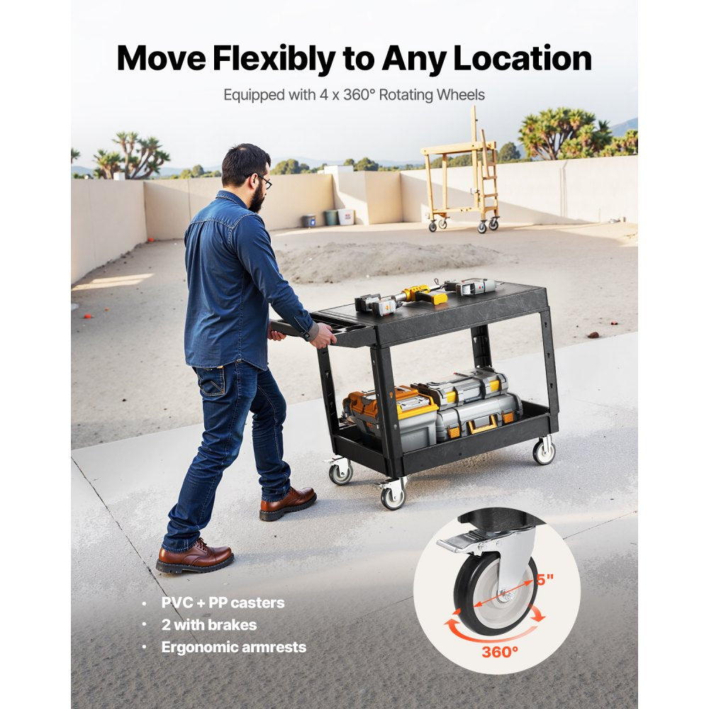VEVOR Utility Cart, 550 lbs Load Capacity, 37 x 25.4-inch Service Cart, Two-Shelf Heavy Duty Plastic Utility Cart with 360° Swivel Wheels (2 with Brakes), Suitable for Warehouse, Garage, Cleaning