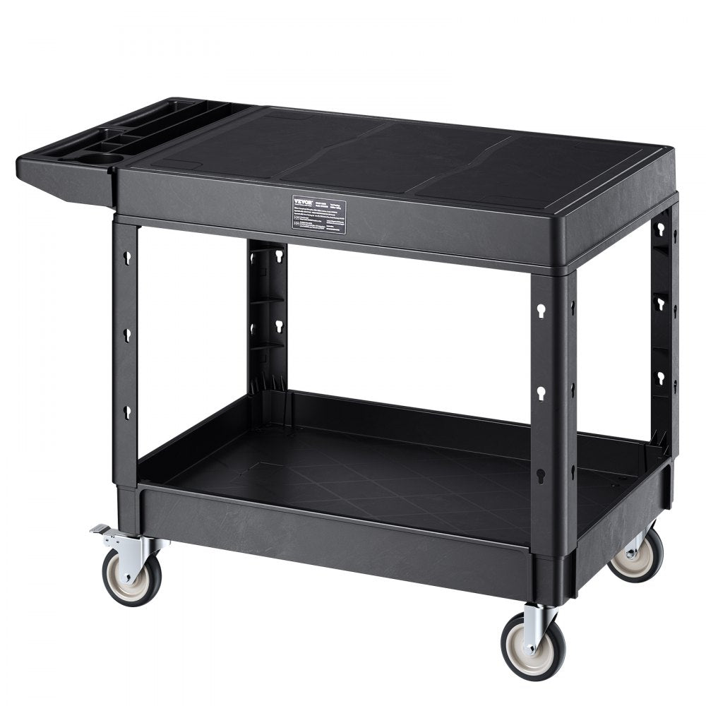 VEVOR Utility Cart, 550 lbs Load Capacity, 37 x 25.4-inch Service Cart, Two-Shelf Heavy Duty Plastic Utility Cart with 360° Swivel Wheels (2 with Brakes), Suitable for Warehouse, Garage, Cleaning