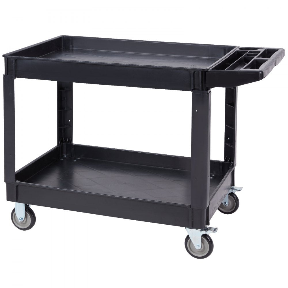 VEVOR Utility Service Cart, 2 Shelf 550LBS Heavy Duty Plastic Rolling Utility Cart with 360° Swivel Wheels (2 with Brakes), Large Lipped Shelf, Ergonomic Storage Handle for Warehouse/Garage/Cleaning