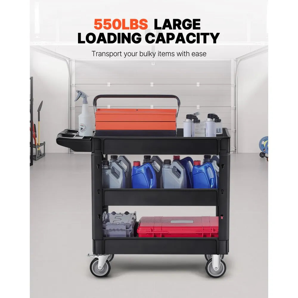 VEVOR Utility Service Cart, 550 LBS Laod Capacity, 3 Shelf Heavy Duty Plastic Rolling Utility Cart with 360° Swivel Wheels (2 with Brakes), Ergonomic Storage Handle for Warehouse/Garage/Cleaning