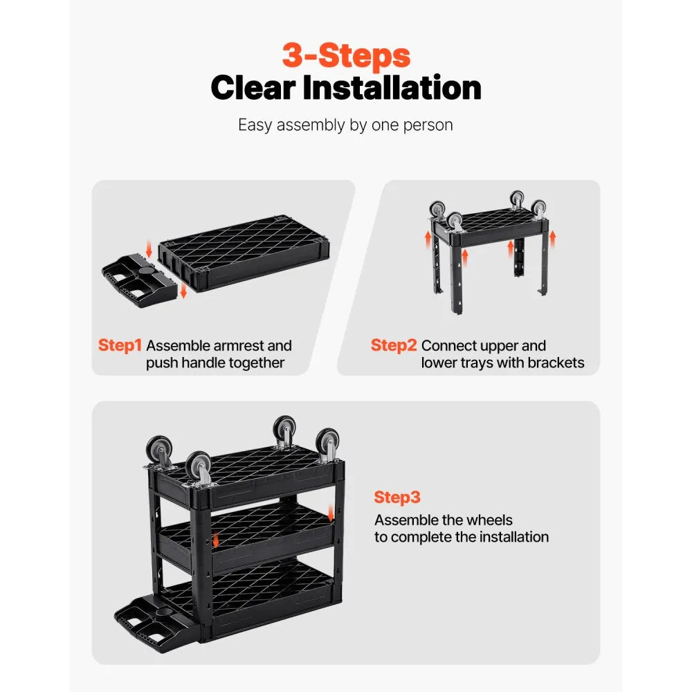 VEVOR Utility Service Cart, 550 LBS Laod Capacity, 3 Shelf Heavy Duty Plastic Rolling Utility Cart with 360° Swivel Wheels (2 with Brakes), Ergonomic Storage Handle for Warehouse/Garage/Cleaning