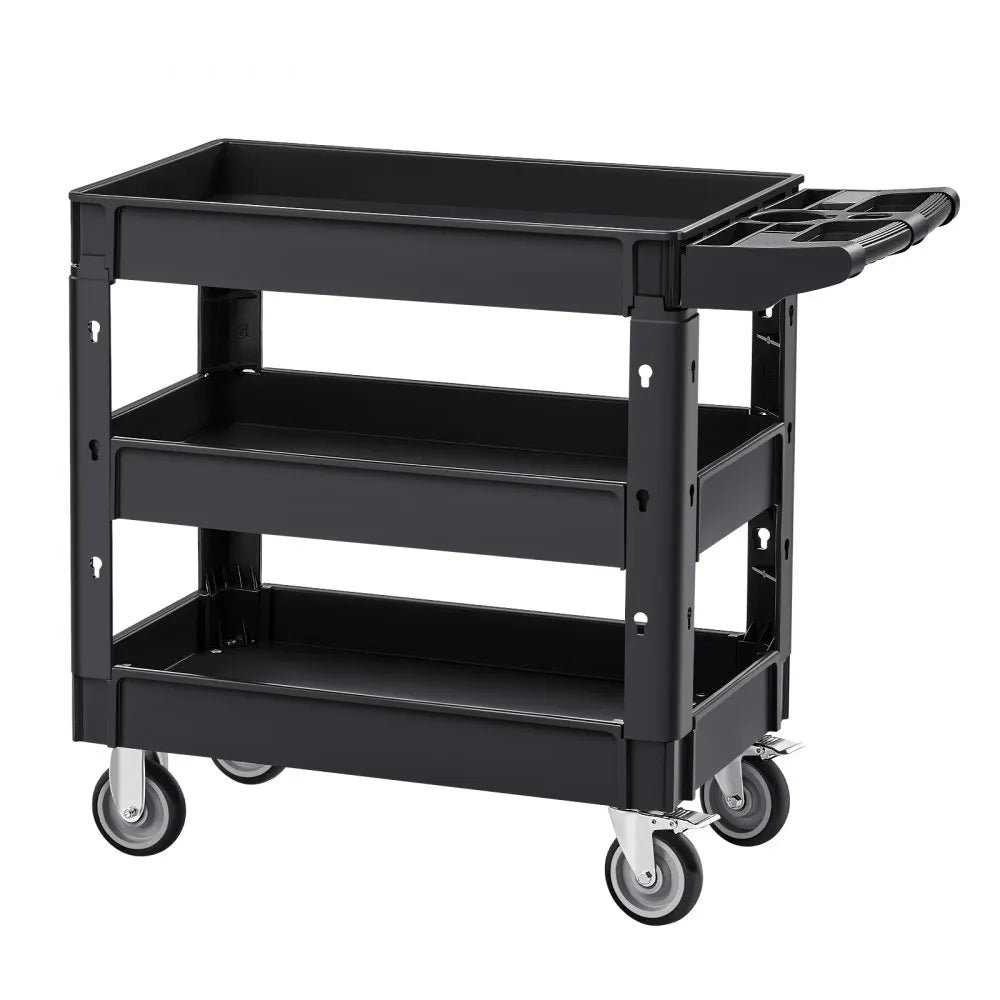 VEVOR Utility Service Cart, 550 LBS Laod Capacity, 3 Shelf Heavy Duty Plastic Rolling Utility Cart with 360° Swivel Wheels (2 with Brakes), Ergonomic Storage Handle for Warehouse/Garage/Cleaning