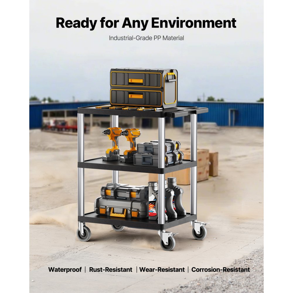 VEVOR Utility Cart, 300 lbs Load Capacity, 27.6 x 18.1-inch Service Cart, Three-Shelf Heavy Duty Plastic Utility Cart with 360° Swivel Wheels (2 with Brakes), Suitable for Warehouse, Garage, Cleaning