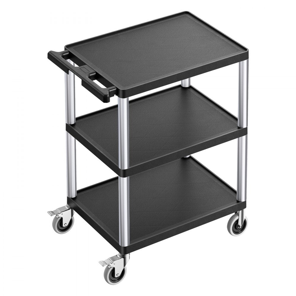 VEVOR Utility Cart, 300 lbs Load Capacity, 27.6 x 18.1-inch Service Cart, Three-Shelf Heavy Duty Plastic Utility Cart with 360° Swivel Wheels (2 with Brakes), Suitable for Warehouse, Garage, Cleaning