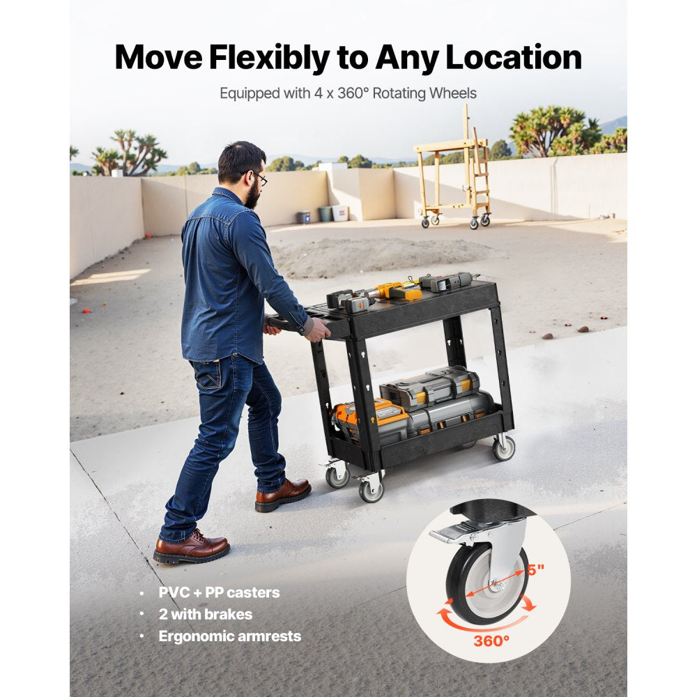 VEVOR Utility Cart, 550 lbs Load Capacity, 31.3 x 17.7-inch Service Cart, Two-Shelf Heavy Duty Plastic Utility Cart with 360° Swivel Wheels (2 with Brakes), Suitable for Warehouse, Garage, Cleaning