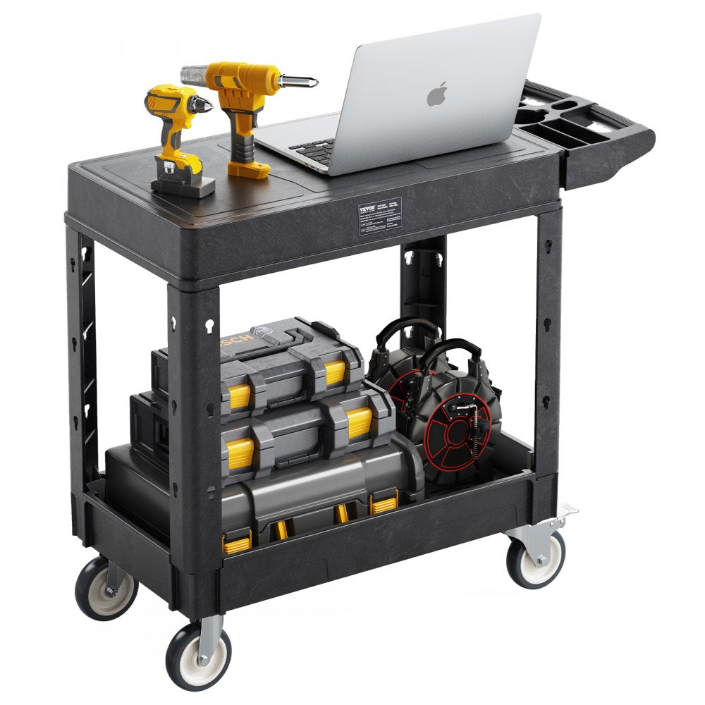 VEVOR Utility Cart, 550 lbs Load Capacity, 31.3 x 17.7-inch Service Cart, Two-Shelf Heavy Duty Plastic Utility Cart with 360° Swivel Wheels (2 with Brakes), Suitable for Warehouse, Garage, Cleaning