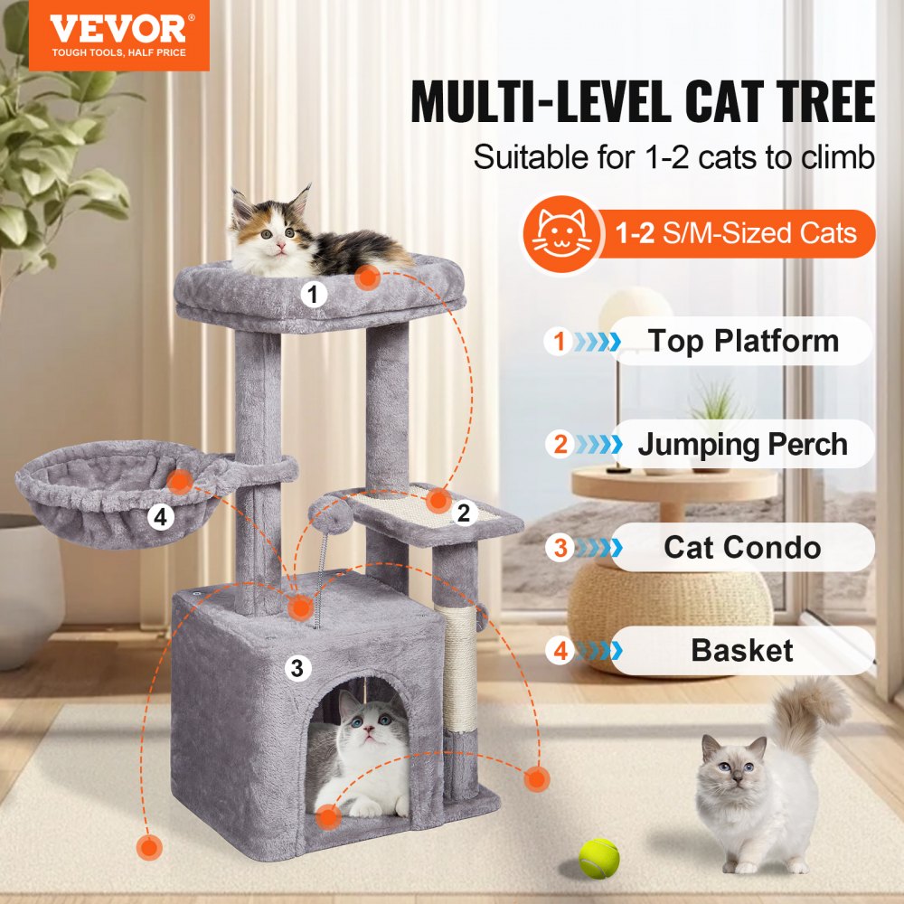 VEVOR Cat Tree for Indoor Cats, 31.4" Cat Tree Tower with Cat Condo, Sisal Scratching Post, Hammock, Top Perch, Jumping Platform, Cat House with Hang Ball, Cat Furniture Activity Center, Light Grey