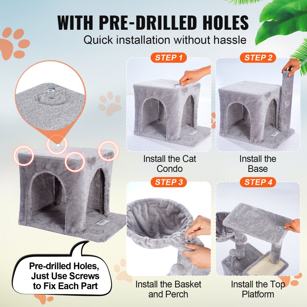VEVOR Cat Tree for Indoor Cats, 31.4" Cat Tree Tower with Cat Condo, Sisal Scratching Post, Hammock, Top Perch, Jumping Platform, Cat House with Hang Ball, Cat Furniture Activity Center, Light Grey