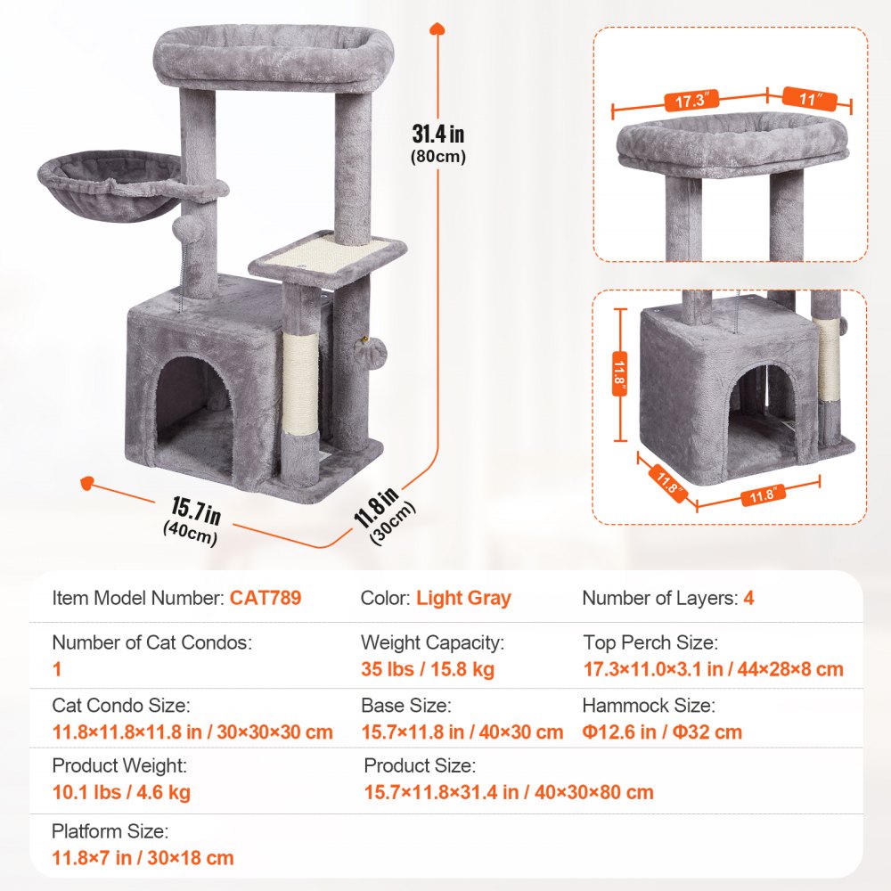 VEVOR Cat Tree for Indoor Cats, 31.4" Cat Tree Tower with Cat Condo, Sisal Scratching Post, Hammock, Top Perch, Jumping Platform, Cat House with Hang Ball, Cat Furniture Activity Center, Light Grey